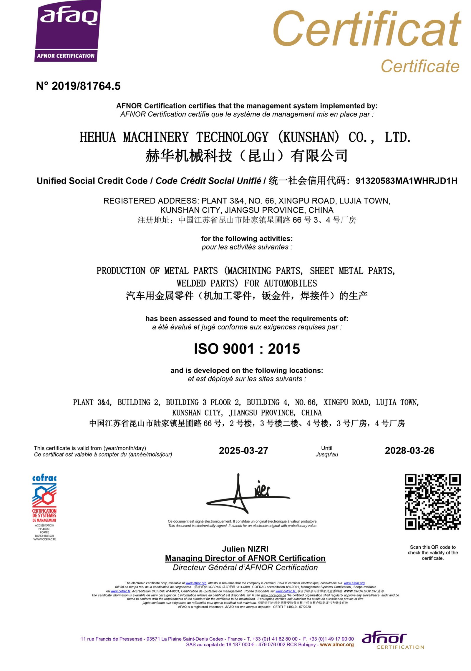 CERTI F 1493 Certificat Système pour Chine avec COFRAC